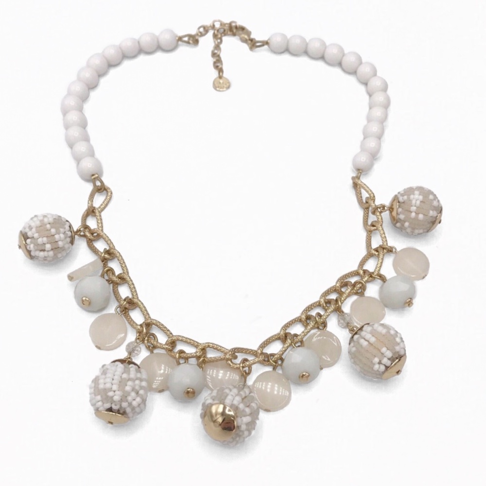 Talbots Mixed Beaded Ball White & Cream Gold-Tone Statement Necklace - Picture 2 of 13